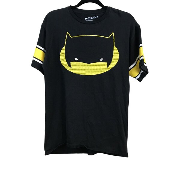 Justice League Batman Graphic T-Shirt Yellow Striped Sleeves Cotton Black Size - Picture 1 of 6